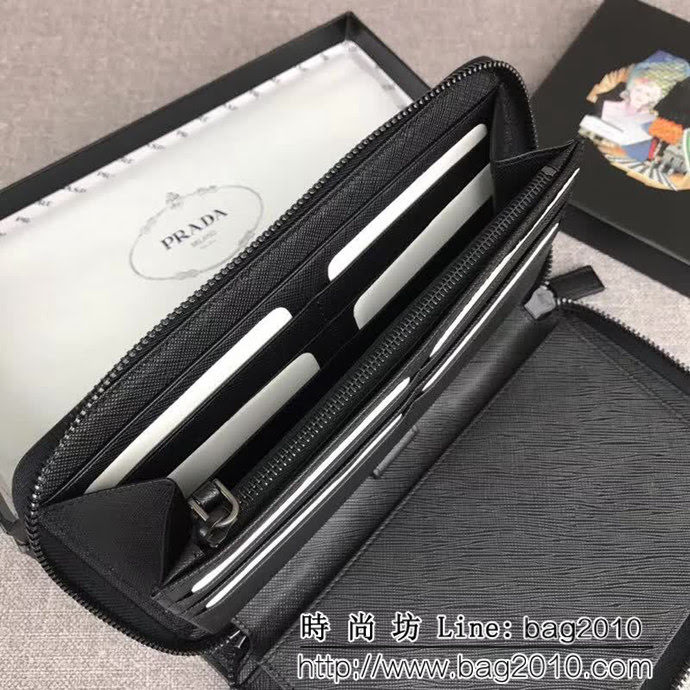 PRADA普拉達 專櫃最新爆款 十字紋牛皮 男士大號單拉鏈錢包 2ML188 DD1859